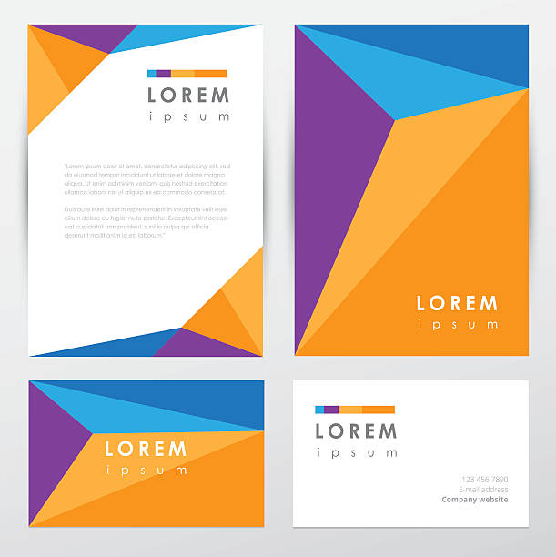 Corporate identity stationery set in multicolored low polygon style Corporate identity letterhead and business card mockup template with abstract multicolored geometric pattern design header footer template stock illustrations