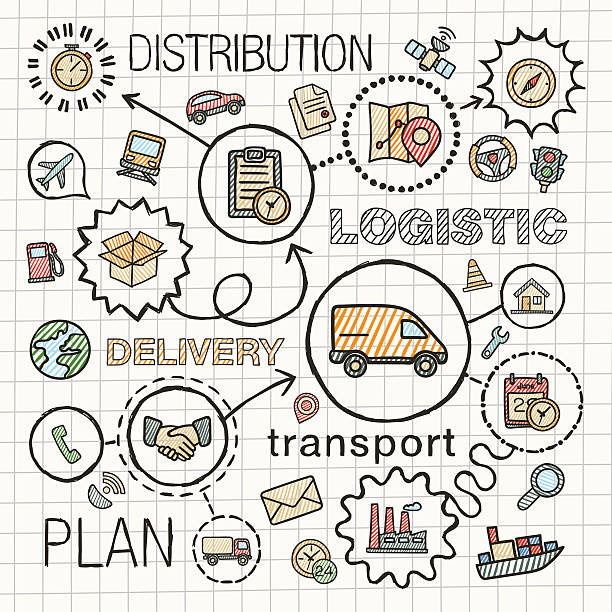 logistik hand zeichnen integrierte farbe icons. vektor-skizze infografik illustrationen - connection in a row striped globe stock-grafiken, -clipart, -cartoons und -symbole