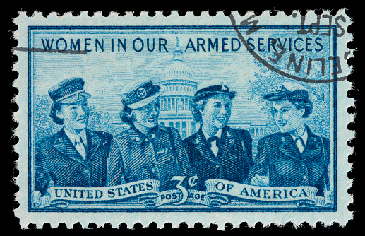 A vintage United States postage stamp honoring women in the armed services. DSLR with macro lens; no sharpening.