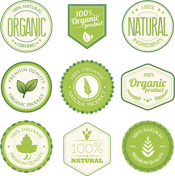 ilustrações, clipart, desenhos animados e ícones de emblemas de produtos orgânicos - 100 organic