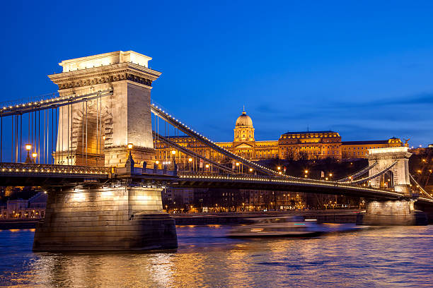 istock Budapest castle and chain bridge in the evening, Hungary 484017847