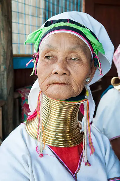 Portrait of a senior woman from the Padaung tribe (a.k.a. "Long Neck" tribe) at Inle Lake, Myanmar