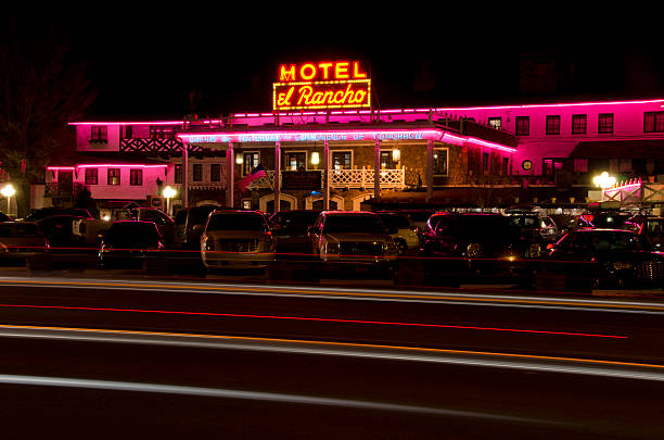 El Rancho Hotel on Route 66 at Night stock photo