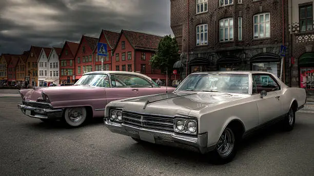 Vintage cars in the city of Bergen in Norway