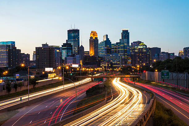 istock Minneapolis Skyline and Traffic Light Trails at Sunset 484027016