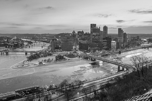 Skyline of downtown Pittsburgh at sunrise