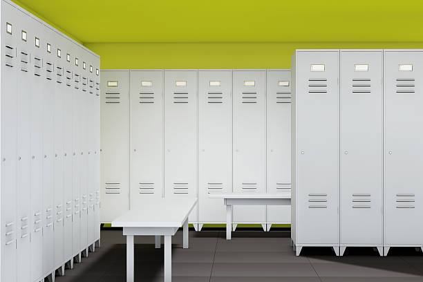 istock Row of Steel Lockers with bench 484029290