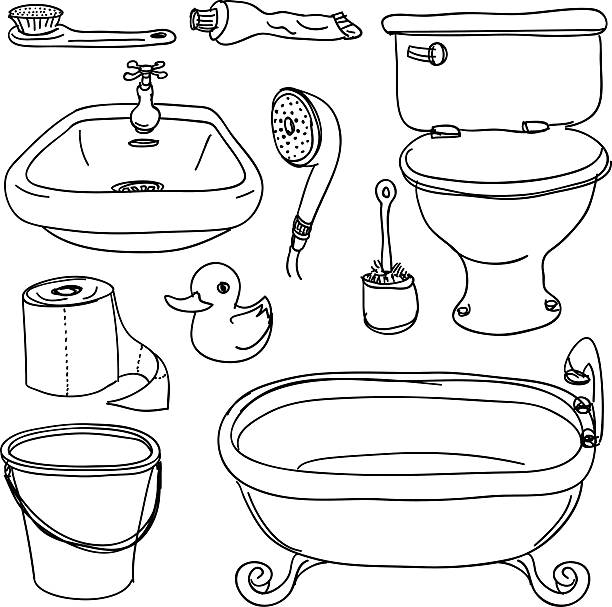 요실 액세서리를 스케치 스타일 - hygiene bathtub symbol toothbrush stock illustrations