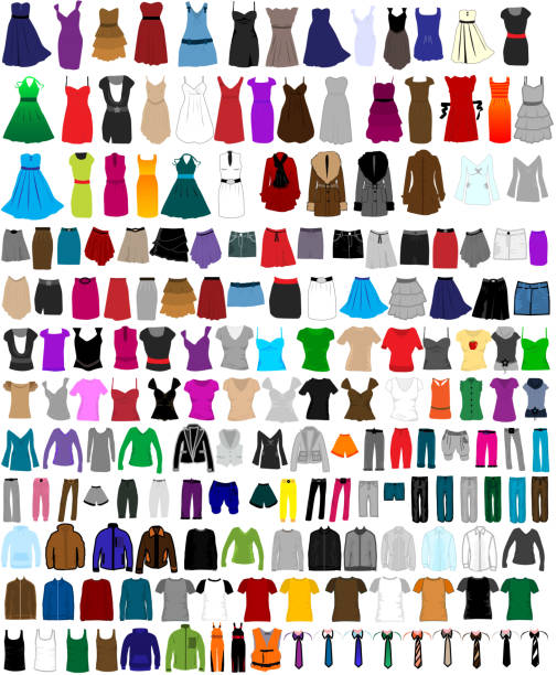 Large set of clothes for men and women Large set of clothes for men and women blouse stock illustrations