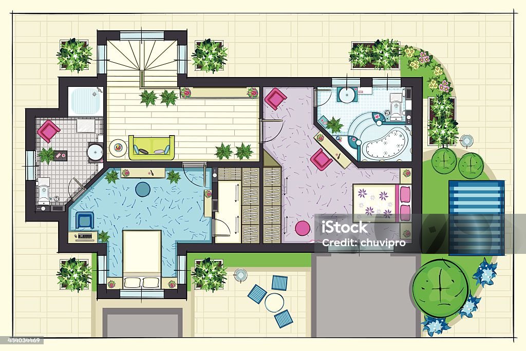 plan de la casa de vista superior de un segundo piso - arte vectorial de Taburete otomano libre de derechos