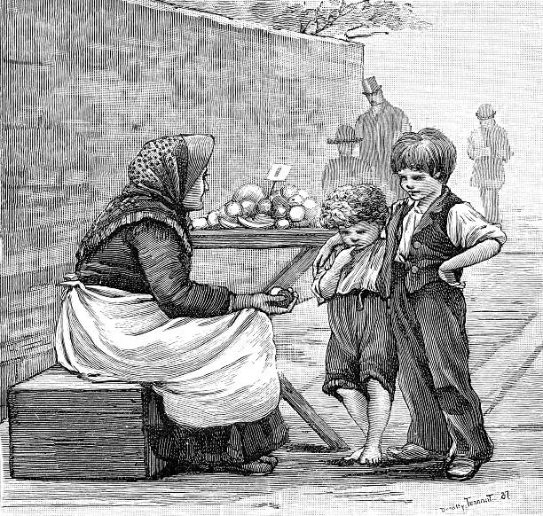 A pair of Victorian children interact with an elderly street vendor in this engraving after a drawing by Dorothy Tennant (1855-1926). Tennant, who became Lady Stanley, often visited the shabby parts of London to sketch the adorable "street Arabs" she found there.