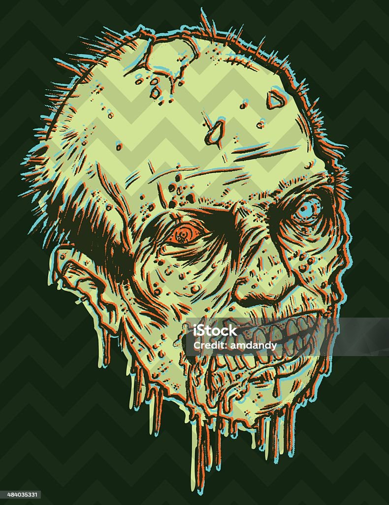 3d zombie head ooooozing with excitement this is a hand drawn zombie head with chevron pattern skin and his companion background. 3d eyeballs to go with his 3d appearance. with all the ooze you can wish for. Three Dimensional stock vector
