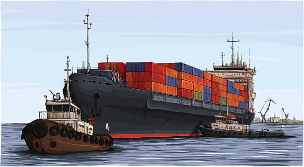 industrie - container ship tugboat nautical vessel pulling stock-grafiken, -clipart, -cartoons und -symbole