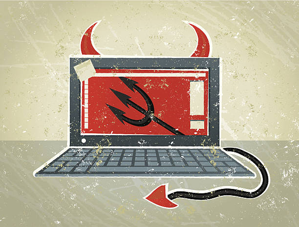 illustrazioni stock, clip art, cartoni animati e icone di tendenza di diavolo computer portatile con corni e una coda - trident devil horned demon
