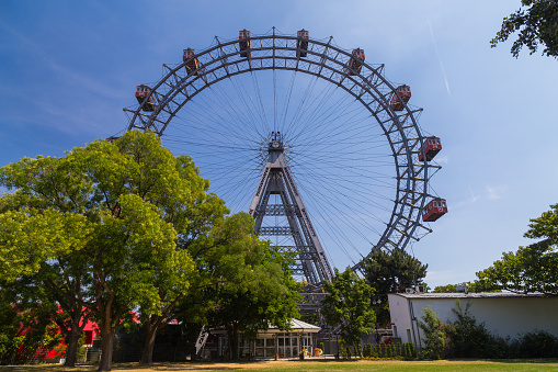 Vienna, Austria - August 6, 2015: A view of the Wiener Riesenrad in Prater from outside the park