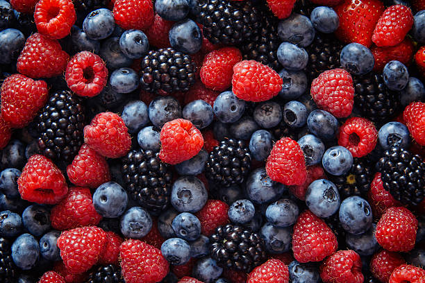 Healthy mixed fruit and ingredients from top view stock photo