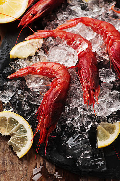 istock Raw fresh shrimps with ice and lemon 484042462