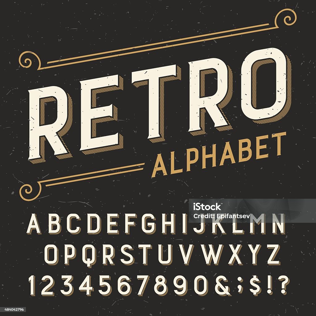 Retro alphabet vector font. Retro alphabet vector font. Serif type letters, numbers and symbols. on a dark distressed scratched background. Stock vector typography for labels, headlines, posters etc. Typescript stock vector