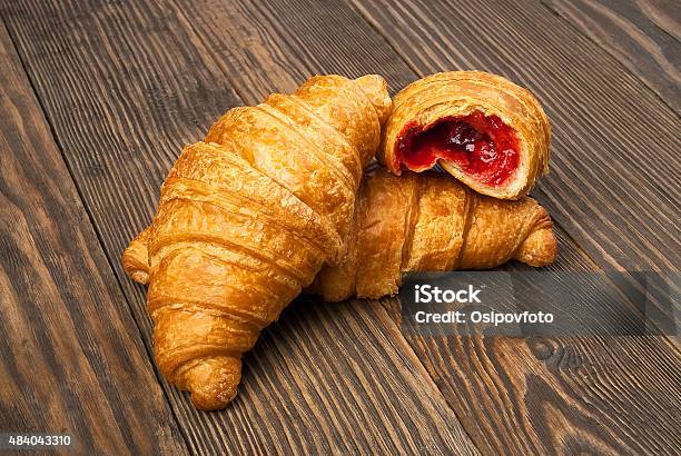 Croissants On A Wooden Table Stock Photo - Download Image Now - Croissant, Stuffed, 2015