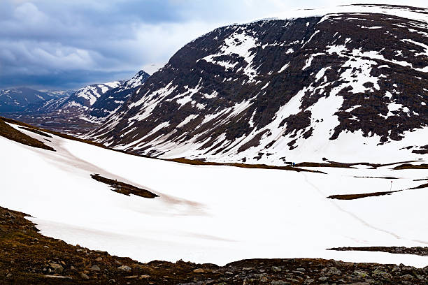 View from a snowy mountain passage with a group of tourists in the mid-ground, peaks and cloudy sky in background