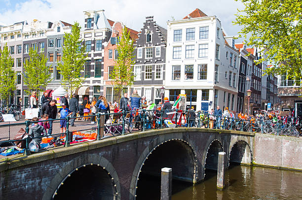 Local people put up goods for sale on King's Day. stock photo