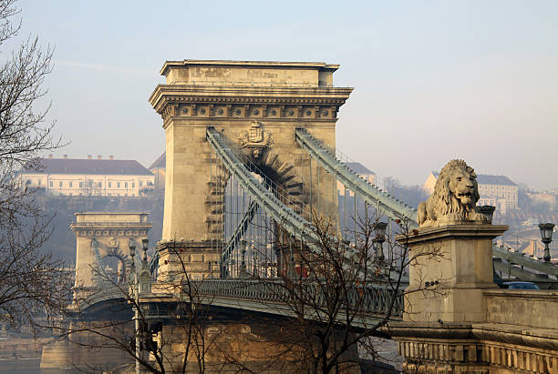 セーチェーニの鎖橋の眺めと buda - chain bridge budapest bridge lion ストックフォトと画像