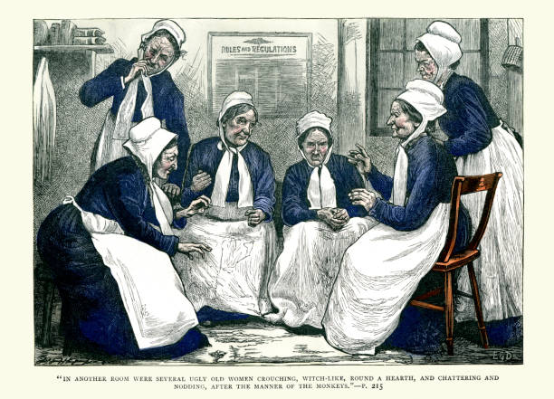 Charles Dickens - A Walk in a Workhouse Vintage colour engraving of a scene from Charles Dickens A Walk in a Workhouse, which describes life in a London workhouse in 1850. In another room, were several ugly old women crouching, witch-like, round a hearth, and chattering and nodding, after the manner of the monkeys. old ladies gossiping stock illustrations