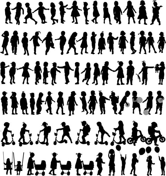 ilustraciones, imágenes clip art, dibujos animados e iconos de stock de siluetas de los niños - swing child silhouette swinging