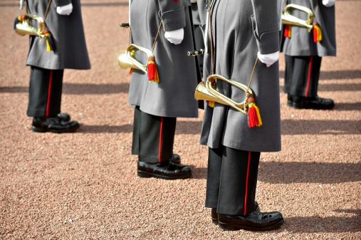 Detail with military orchestra uniform during parade