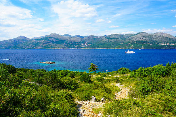 Lopud Landscape Landscape with the coast, sea and boats, in the Lopud Island, one of the Elaphiti Islands, Croatia dubrovnik lopud stock pictures, royalty-free photos & images