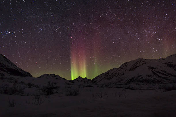 Aurora Borealis with red and green streaks Aurora Borealis over the Talkeetna Mountain's Hatcher Pass, Alaska. talkeetna mountains stock pictures, royalty-free photos & images