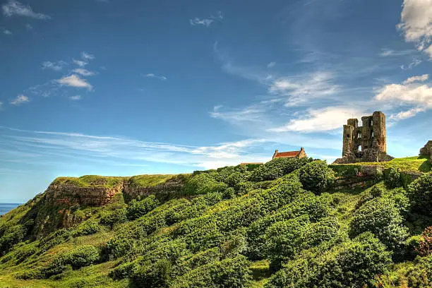 Scarborough Castle is a former medieval Royal fortress situated on a rocky promontory overlooking the North Sea and Scarborough, North Yorkshire, England.