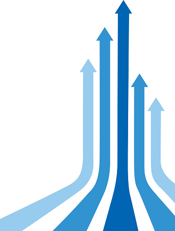 Vector illustration of five curved blue arrows moving upwards.