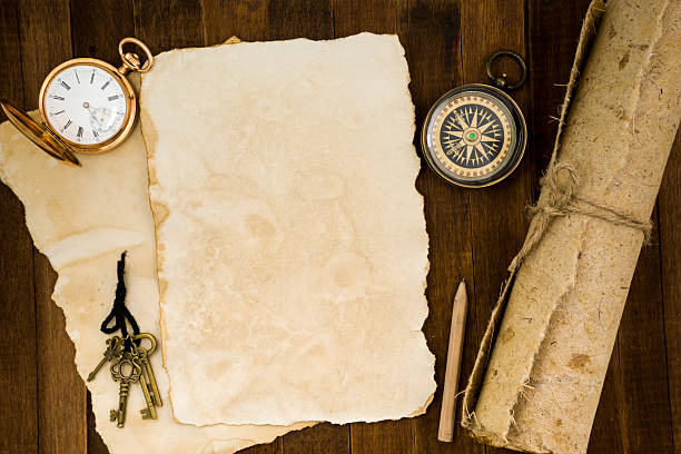 istock Old paper, compass, pocket watch on wooden background 484069536