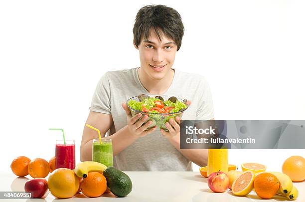 Man Having A Table Withorganic Food Juices Smoothie Salad Stock Photo - Download Image Now