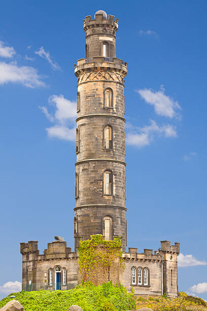 Nelson Monument on Calton Hill, Edinburgh, Scotland. Nelson Monument on Calton Hill, Scotland, United Kingdom. The Nelson Monument is a commemorative tower in honour of Vice Admiral Horatio Nelson. Clear blue sky is in background. Canon EF 70-200 mm f/4L lens. HDR photorealistic image. admiral nelson stock pictures, royalty-free photos & images