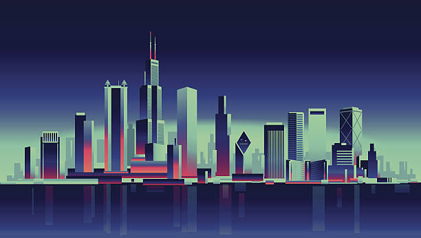 ilustraciones, imágenes clip art, dibujos animados e iconos de stock de vista de los edificios de chicago - chicago at night