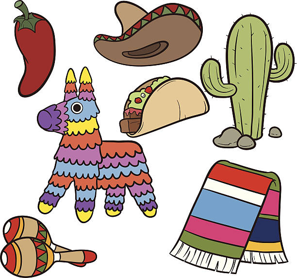 Mexican items Cartoon Mexican items.Vector clip art illustration. Each element on a separate layer. mexican sarape stock illustrations