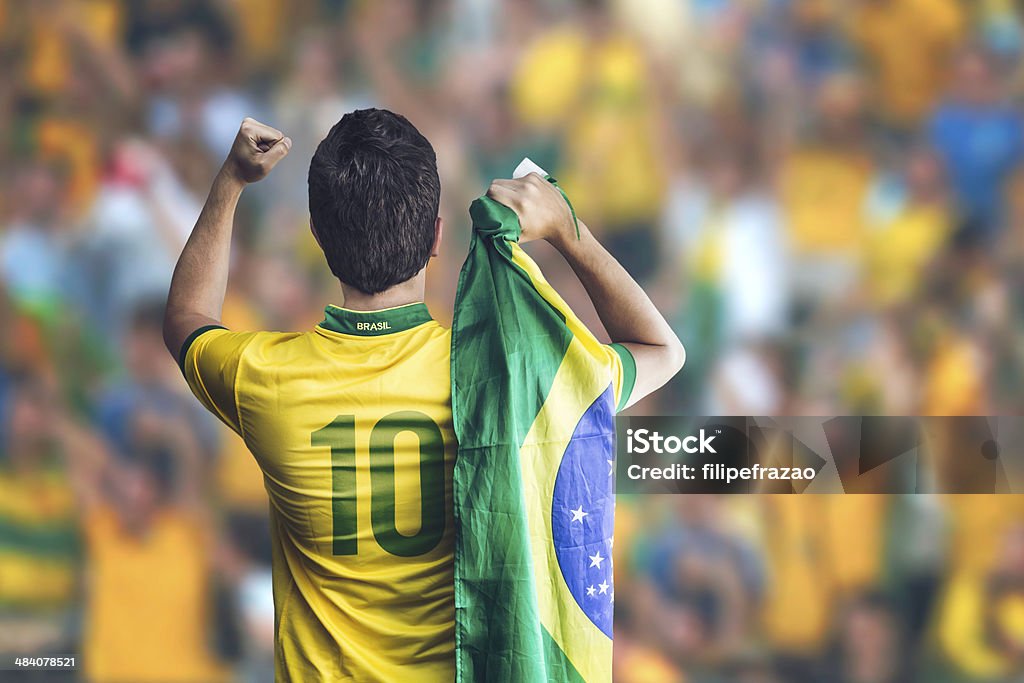 Brazilian soccer player celebrates in stadium Brazilian player celebrate on the stadium International Soccer Event Stock Photo