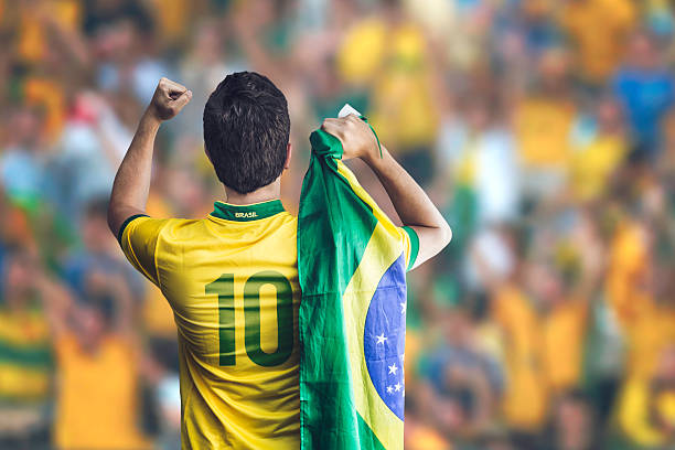 Brazilian soccer player celebrates in stadium Brazilian player celebrate on the stadium international soccer event photos stock pictures, royalty-free photos & images