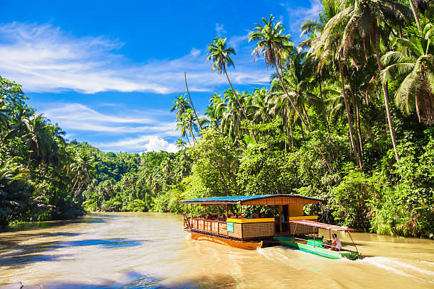 istock Exotic cruise boat with tourists on a jungle river 484078951