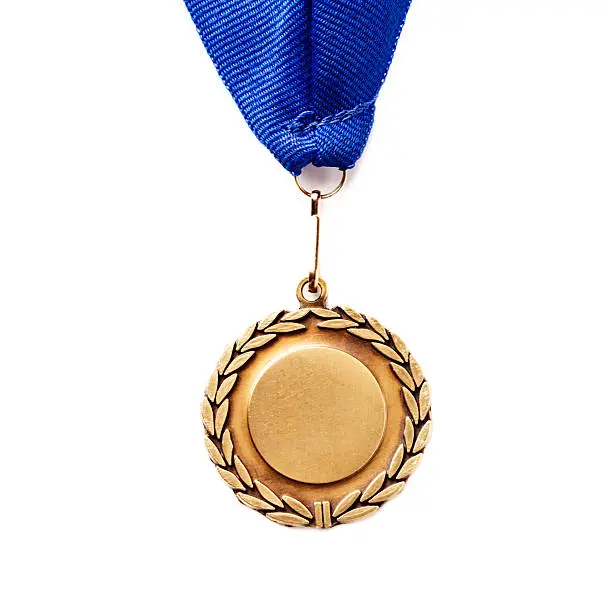 A blank gold medal, surrounded by embossed laurel leaves, hangs on a blue ribbon, ready for you to add whatever name or award you choose. More copy space on the white background.