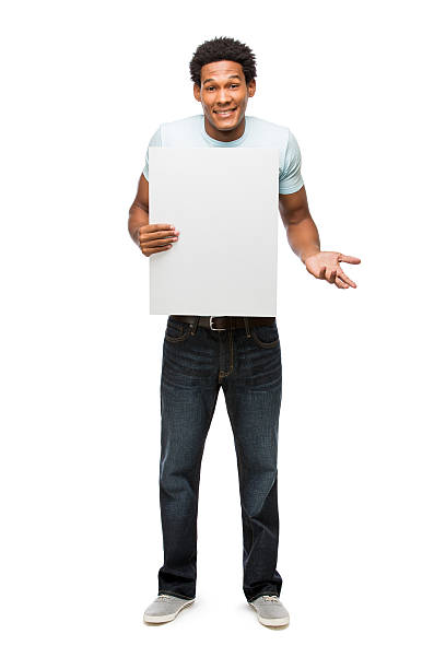istock Young latin man in casual clothes with sign 484081685
