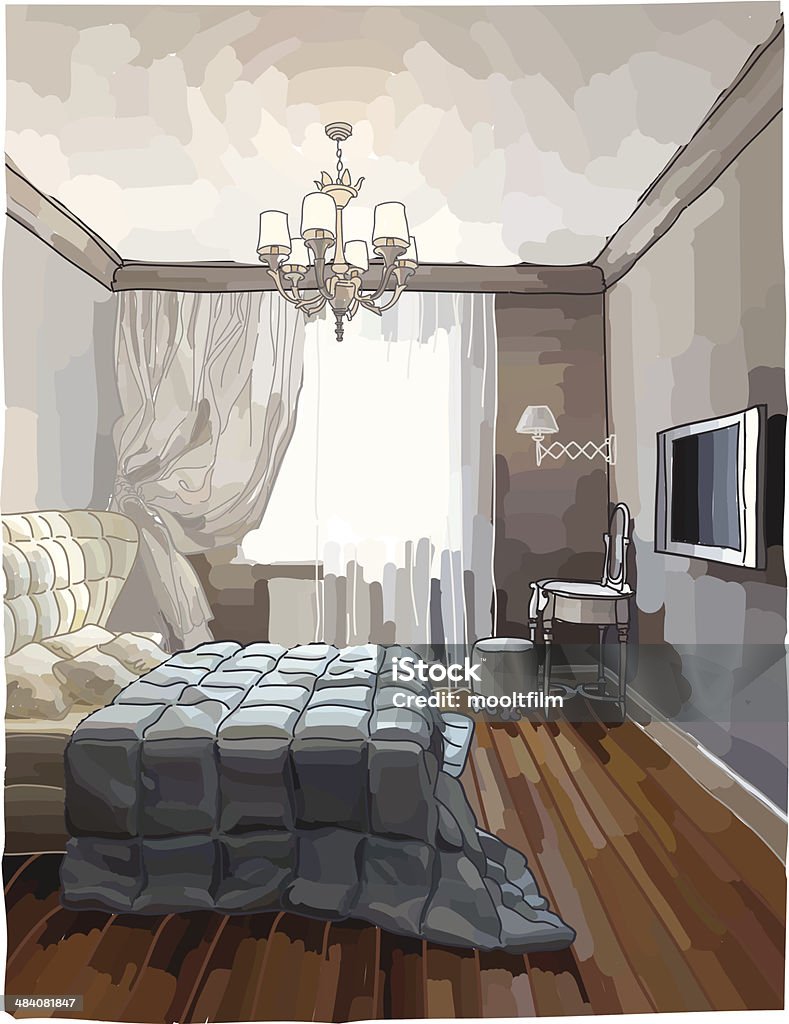 Luxury bedroom interior Sketchy illustration of bedroom interior in grey and brown tones, modern style. Vector file, EPS8, no gradients. The file is easily editable - lines and colours are separate objects, so are the items of furniture. Indoors stock vector