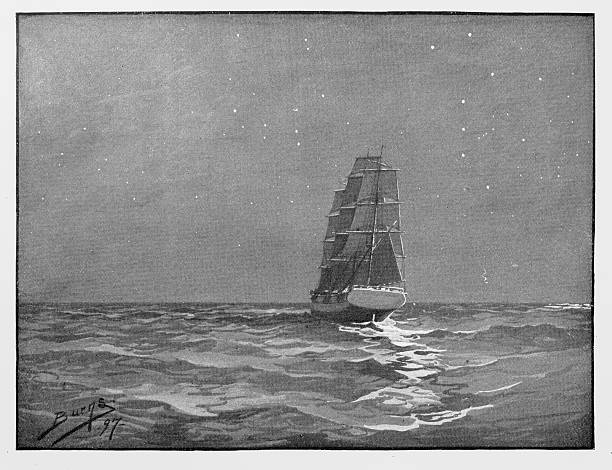 корабль, парусный спорт ночью - illustration and painting retro revival sailboat antique stock illustrations