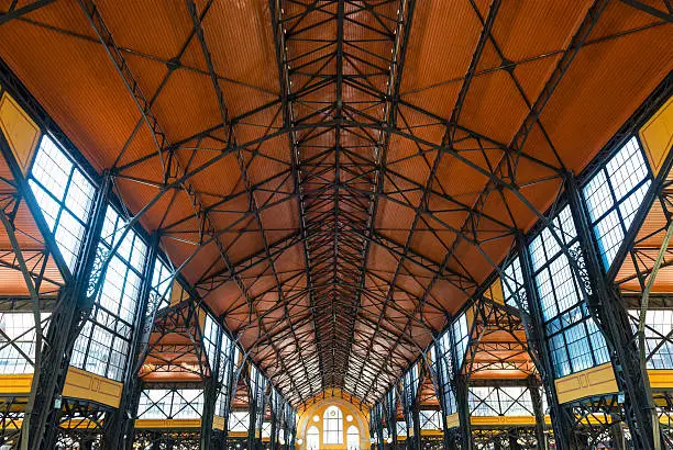 Wide-angle view of the ceiling of the public Great Market Hall in Budapest, Hungary.