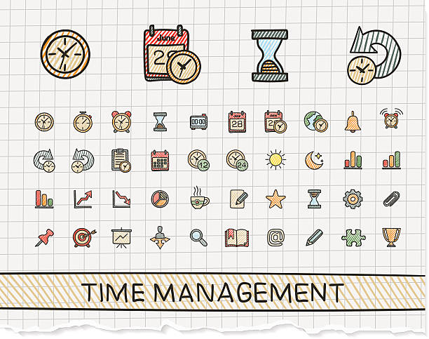 zeitmanagement hand zeichnung linie-icons. vektor doodle pictogram set - connection in a row striped globe stock-grafiken, -clipart, -cartoons und -symbole