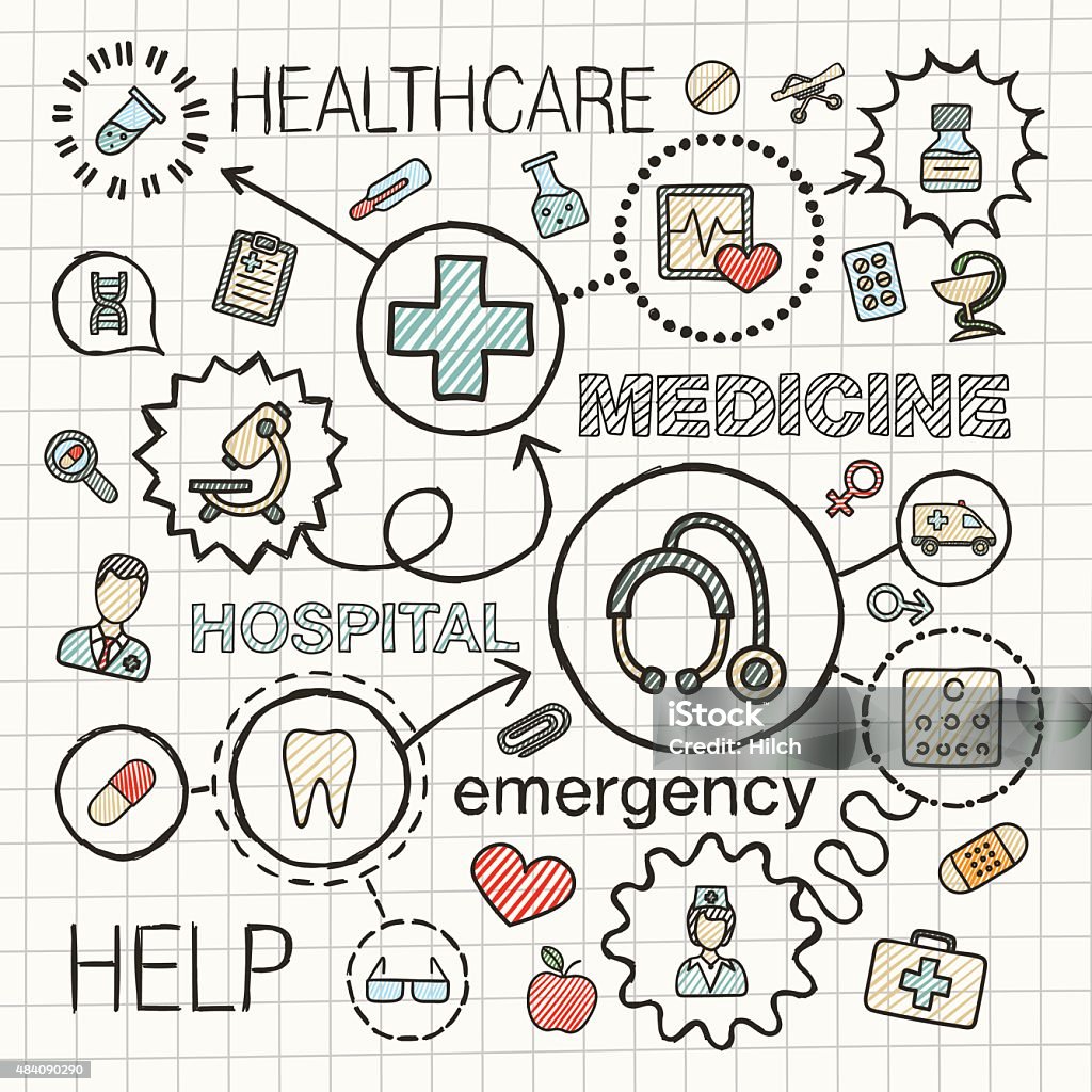 Medical hand draw integrated color icons. Vector sketch infographic illustration Medical hand draw integrated color icons set. Vector sketch infographic illustration with line connected doodle hatch pictograms on paper: healthcare, medicine, science, emergency, pharmacy concepts Drawing - Activity stock vector