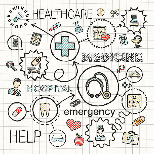 Medical hand draw integrated color icons. Vector sketch infographic illustration Medical hand draw integrated color icons set. Vector sketch infographic illustration with line connected doodle hatch pictograms on paper: healthcare, medicine, science, emergency, pharmacy concepts emergency plan document stock illustrations
