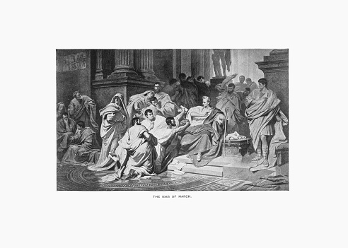 Rare and beautifully executed Engraved illustration of Julius Caesar, The Ides of March Engraving from Great Men and Famous Women: A Series of Pen and Pencil Sketches, by Charles F. Horne and Published in 1894. Copyright has expired on this artwork. Digitally restored.